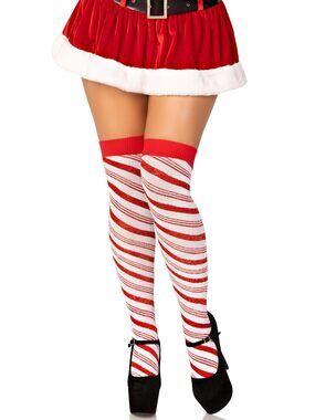 8106 Candy cane lurex striped over the knee socks, White/Red, One Size